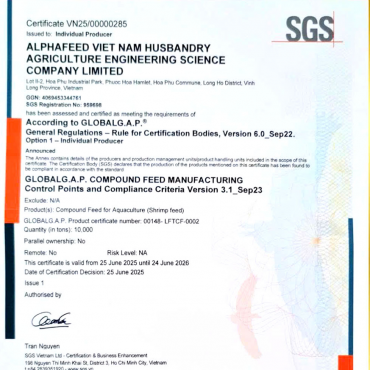 ALPHAFEED VIỆT NAM CHÍNH THỨC ĐẠT CHỨNG NHẬN GLOBALG.A.P.
